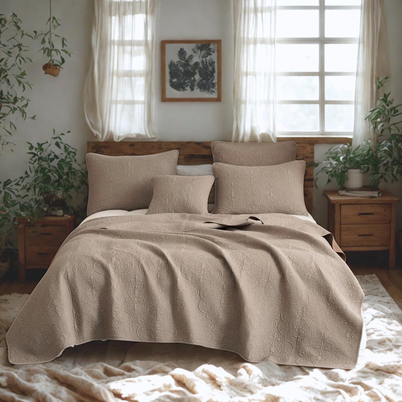 DaDa Bedding Elegant Matelasse Bedspread Set - 100% Cotton Fabric Floral Sand Dollar Quilted Coverlet - Lightweight Breathable Textured Neutral Tan Beige Taupe Brown - Cal King - 3-Pieces - Image 1